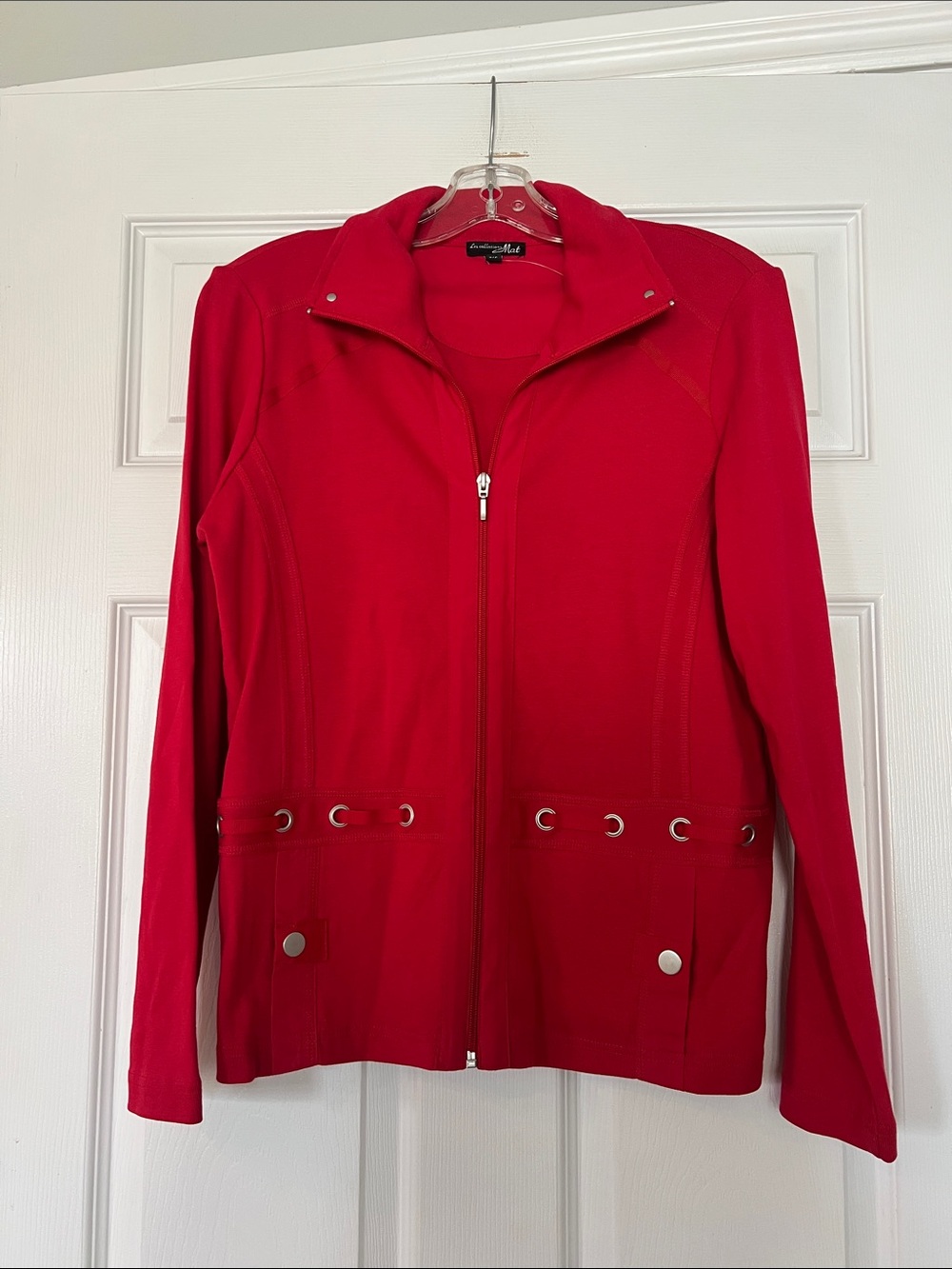 Red Zip-Front Utility Jacket with Grommet Detail